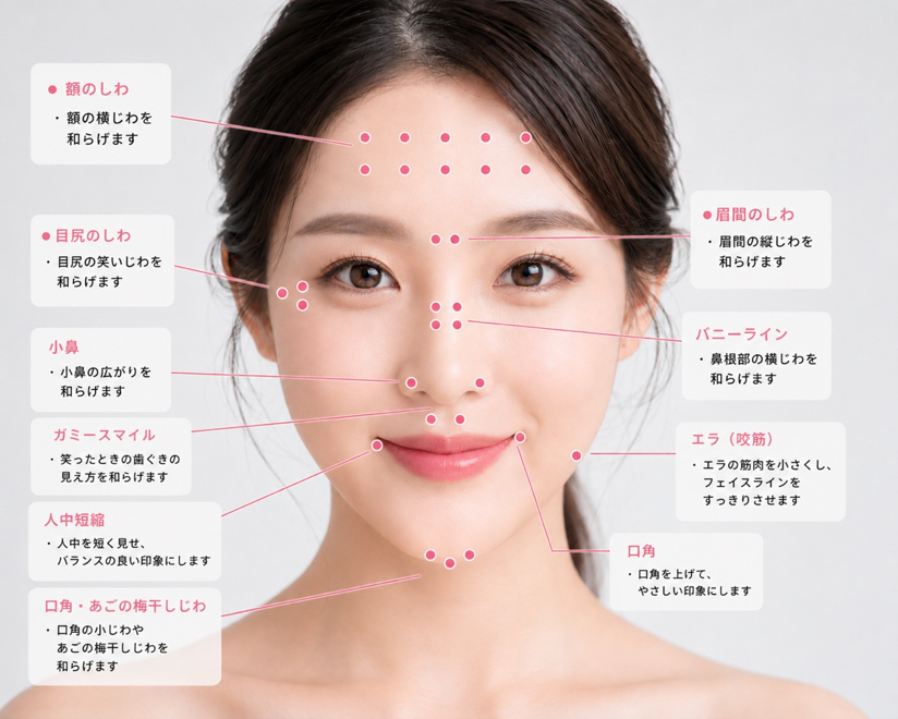 ボツリヌス菌注入の施術部位イメージ